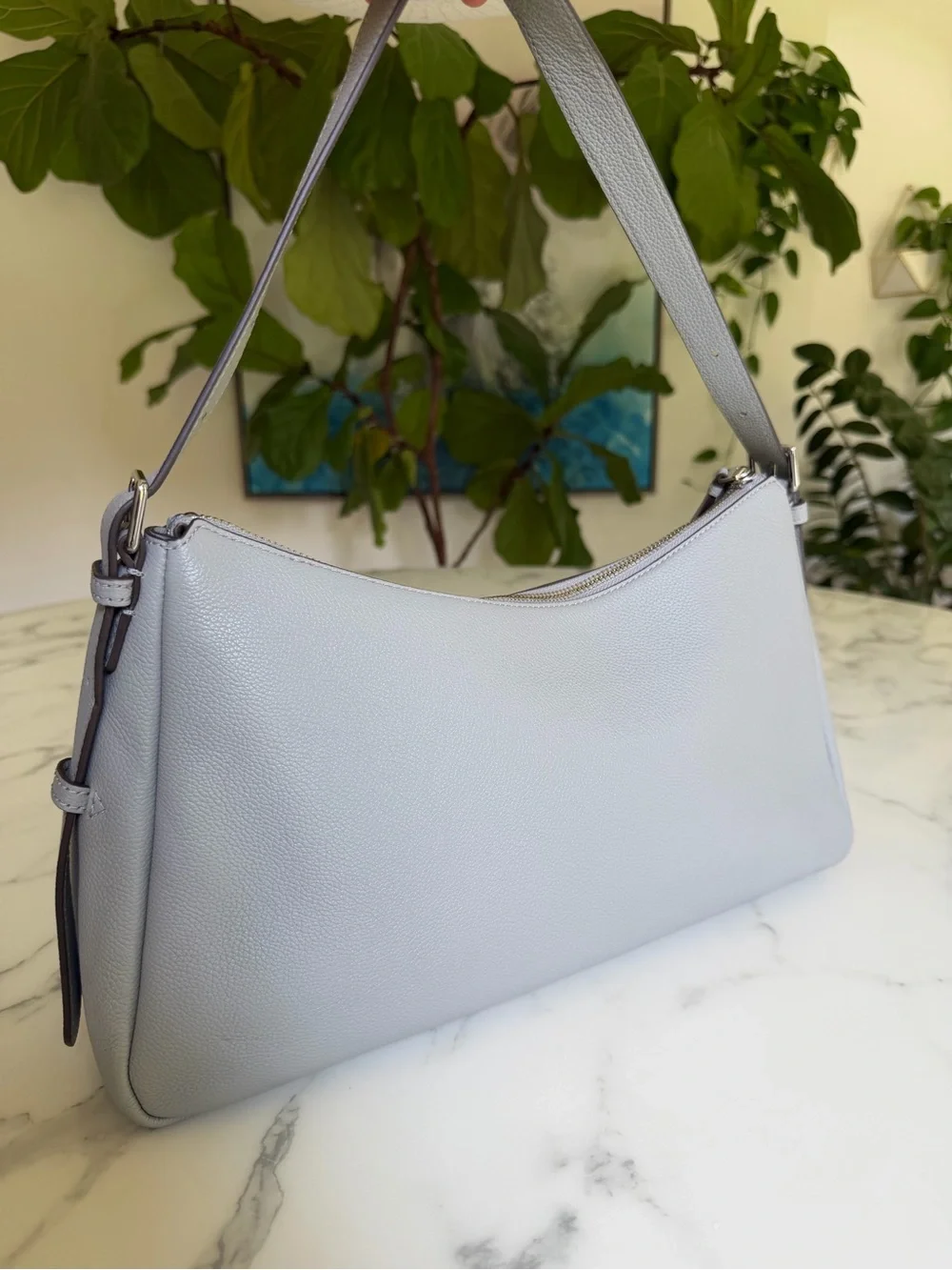 Tory Burch Thea Zip Top Leather Shoulder Bag Misty Cloud Gray